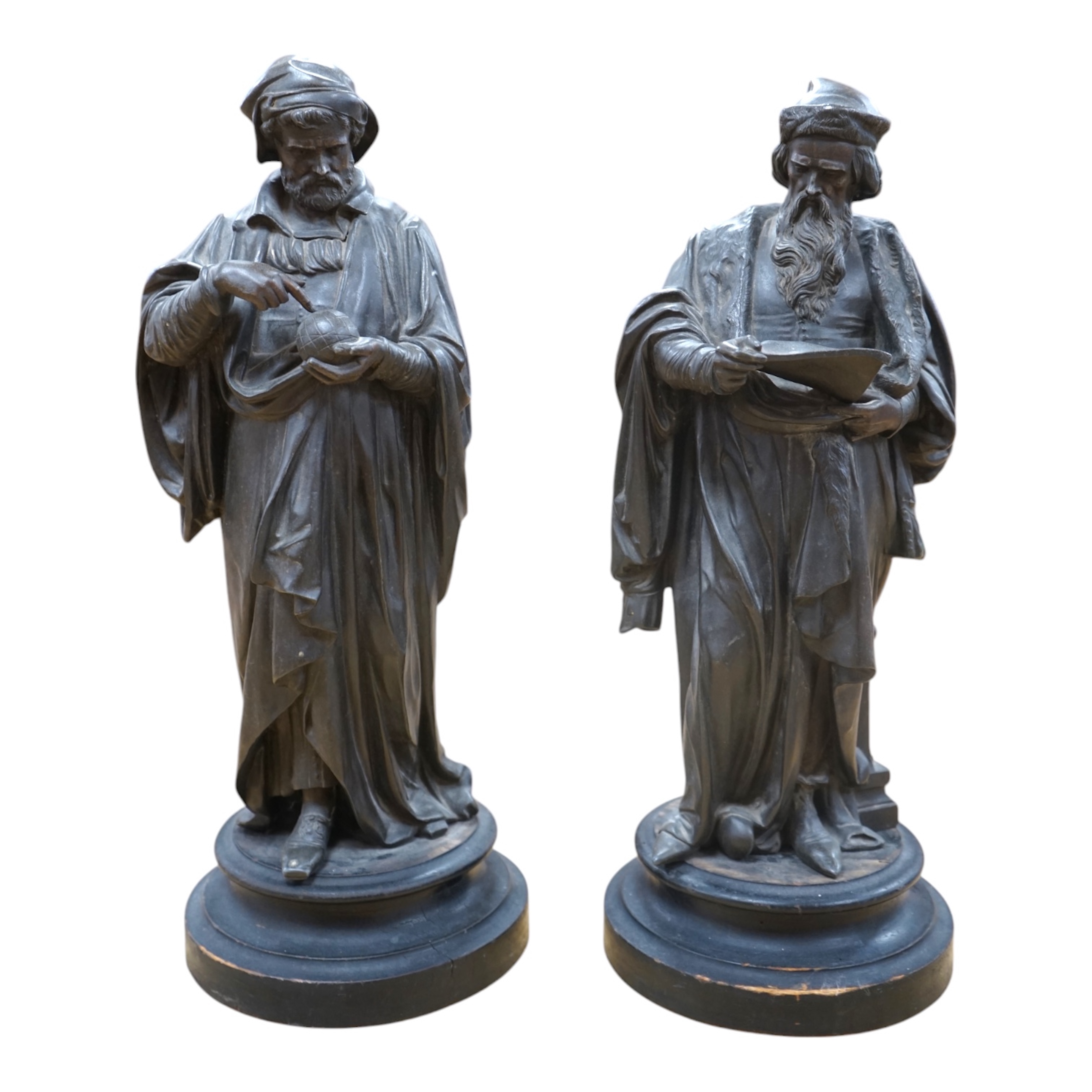 Two bronzed spelter classical figures, possibly Galileo and Leonardo Da Vinci both on turned plinths, 53cm high. Condition - fair, need cleaning plinths need waxing